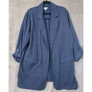 J Jill Knit Blazer Womens XL Blue Roll Tab Sleeves Open Front Capsule Business